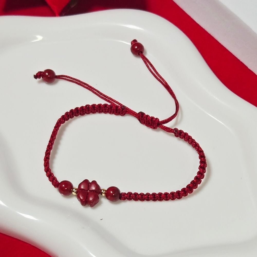 Natural Red Cinnabar Four-Leaf Clover Braided Rope Bracelet Symbolic Lucky Charm - Picture 4 of 4